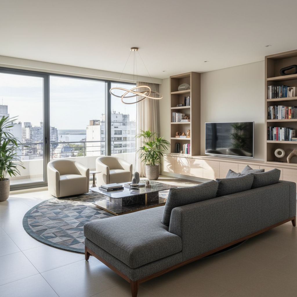Living luminoso con biblioteca de roble a medida, sillón gris y mesa ratona de madera clara en un departamento de Buenos Aires